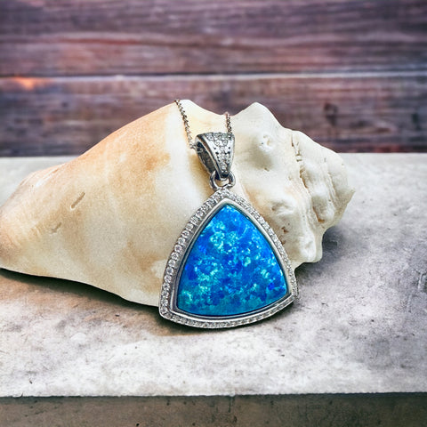 Sterling Silver Large Trillion Cut Fire Opal Stone Statement Pendant Necklace