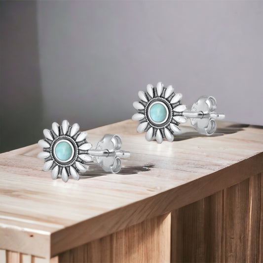 Sterling Silver Genuine Larimar Stone Flower Stud Earrings