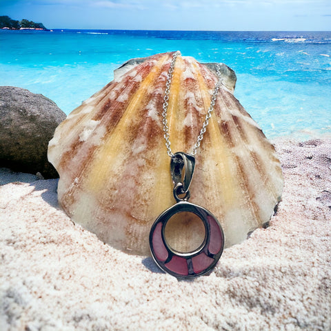 Sterling Silver Pink Shell Circle Pendant Necklace