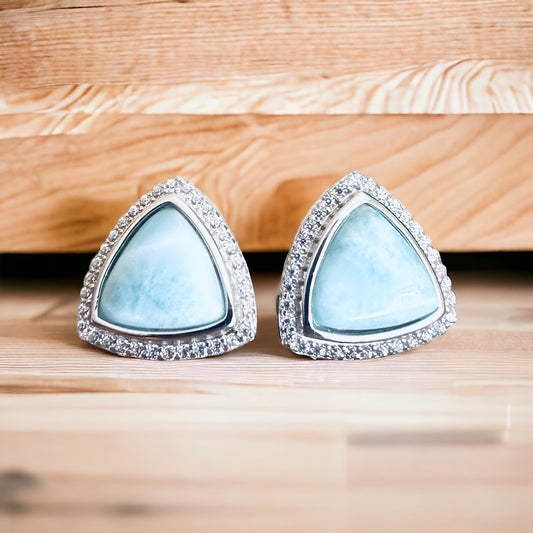 Sterling Silver Trillion Cut Genuine Larimar Stone Earrings