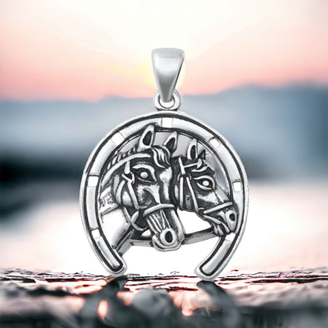 Sterling Silver Horses & Horseshoe Pendant