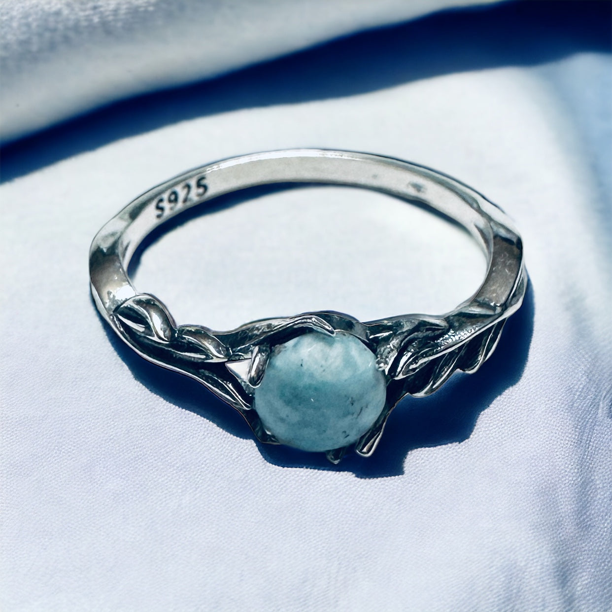 Sterling Silver Genuine Larimar Stone Vine Ring