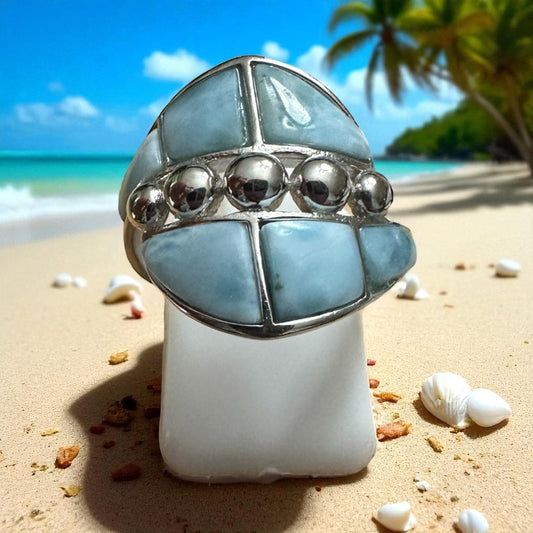 Sterling Silver Large Genuine Larimar Multi Stone Ring