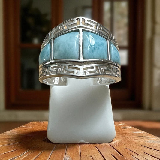 Sterling Silver Greek Key Design Larimar Stone Ring