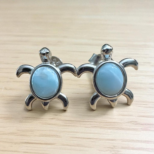 Sterling Silver Genuine Larimar Stone Sea Turtle Post Earrings