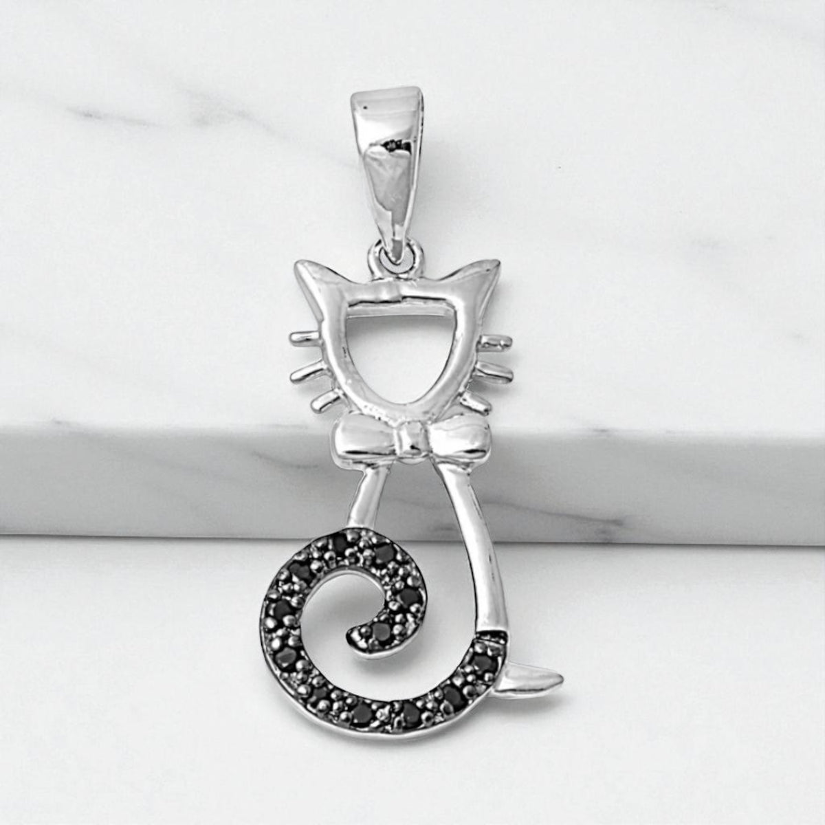 Sterling Silver Black CZ Stone Cat Pendant