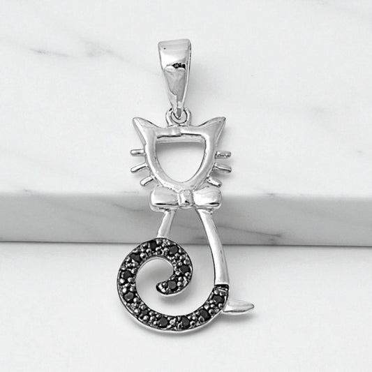 Sterling Silver Black CZ Stone Cat Pendant