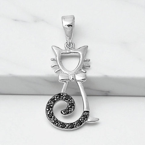 Sterling Silver Black CZ Stone Cat Pendant
