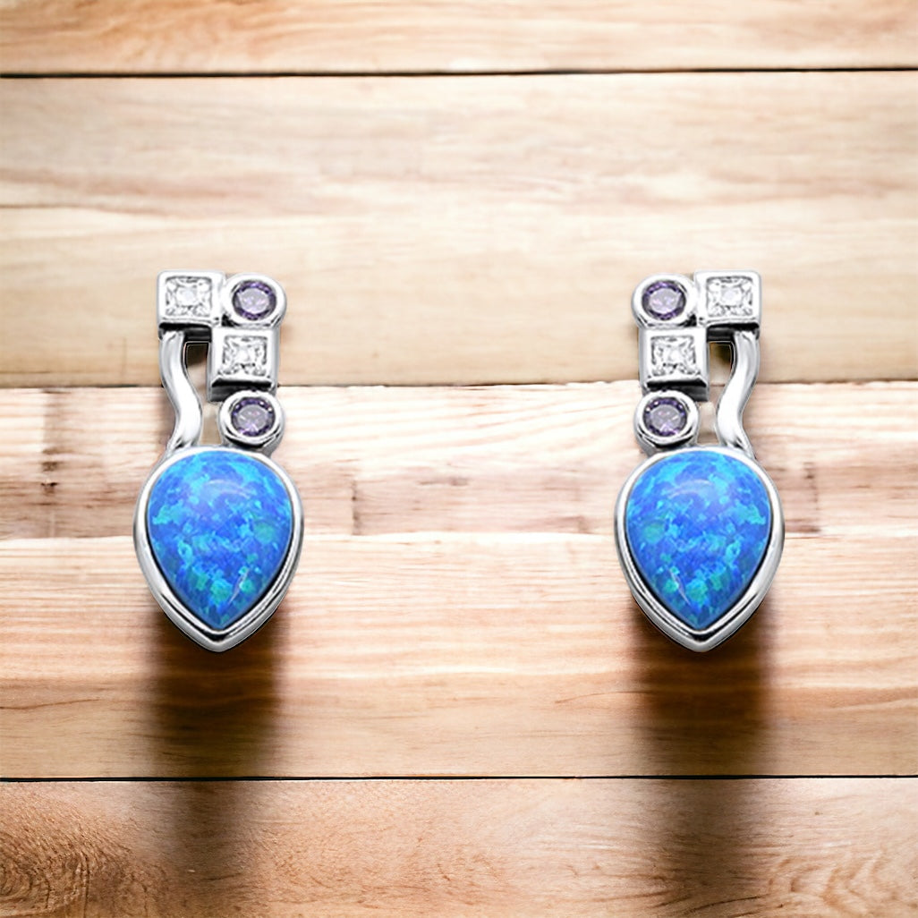 Sterling Silver Lab Fire Opal & Amethyst Statement Necklace & Earrings Set