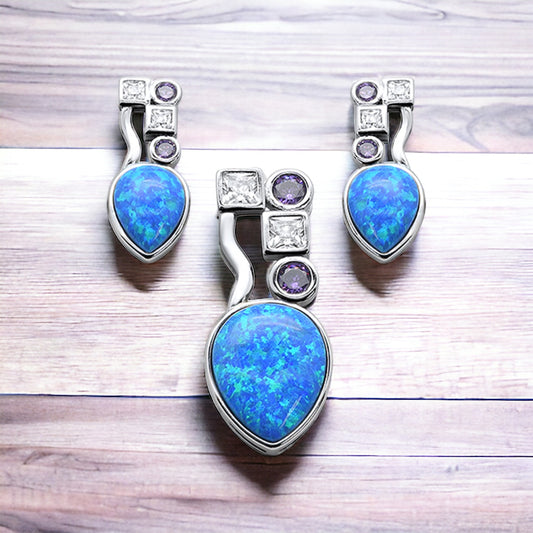 Sterling Silver Lab Fire Opal & Amethyst Statement Necklace & Earrings Set