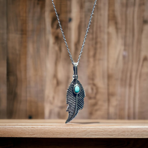 Sterling Silver Turquoise Stone Feather Pendant Necklace