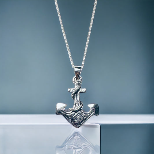 Sterling Silver Solid Anchor & Rope Pendant Necklace