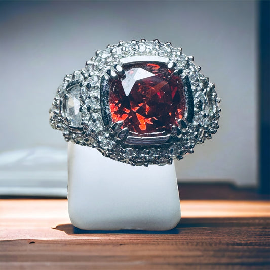 Sterling Silver Garnet & CZ Statement Cocktail Ring