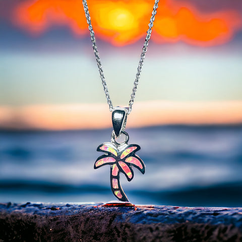 Sterling Silver Pink Lab Opal Palm Tree Necklace