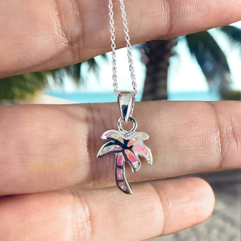Sterling Silver Pink Lab Opal Palm Tree Necklace