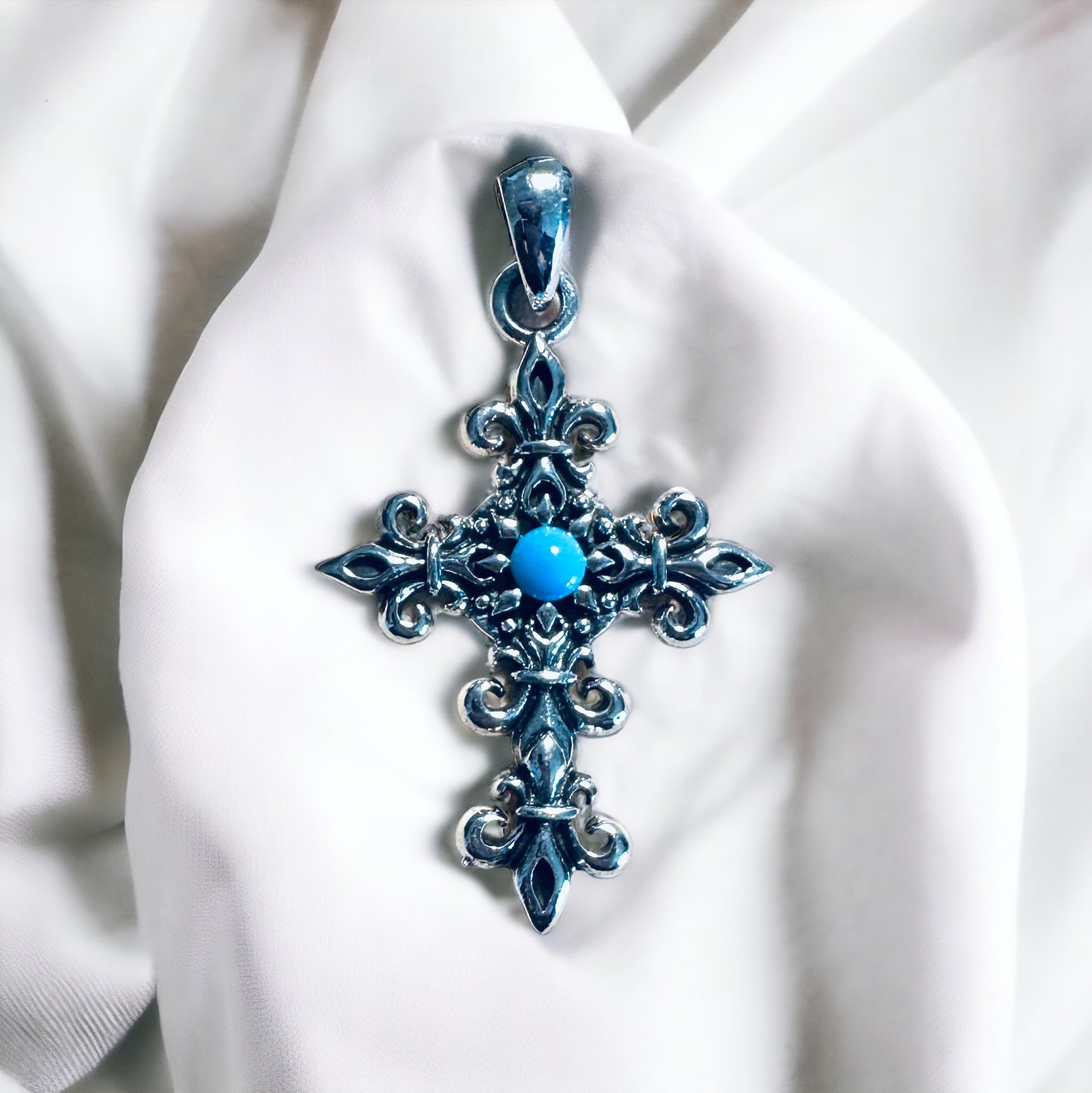 Sterling Silver Large Cross Pendant with Turquoise Stone