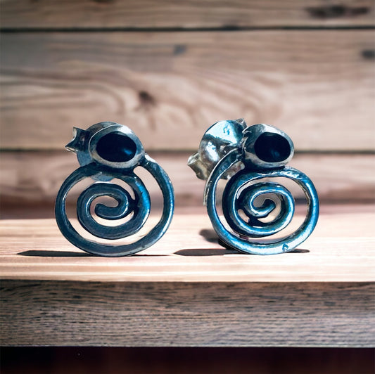 Sterling Silver Onyx Stone Swirl Stud Earrings