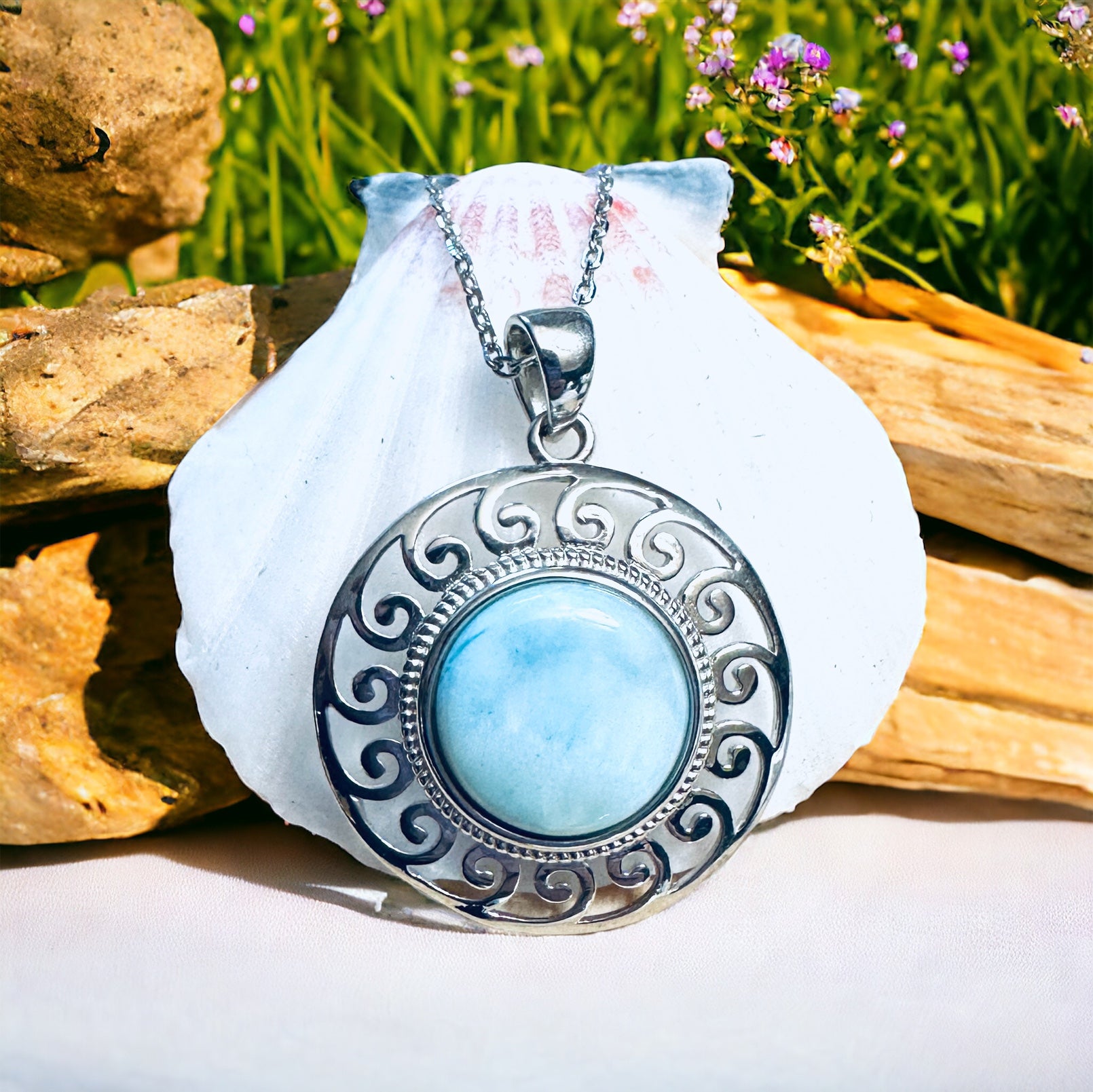 Sterling Silver Large Larimar Stone Pendant Necklace