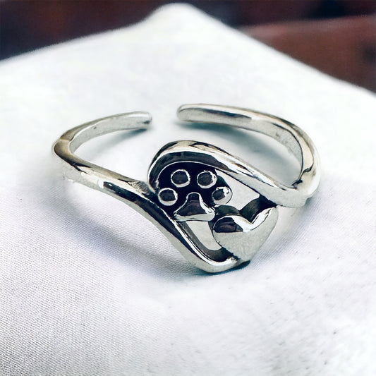 Sterling Silver Paw & Heart Adjustable Toe Ring