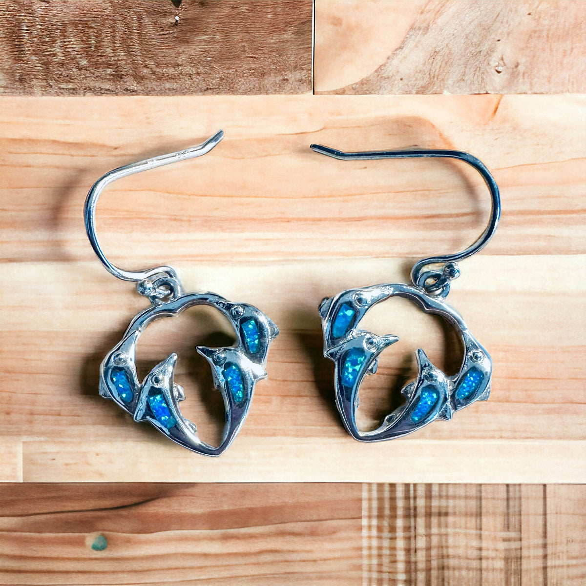 Sterling Silver Fire Opal Dolphin Heart Dangle Earrings