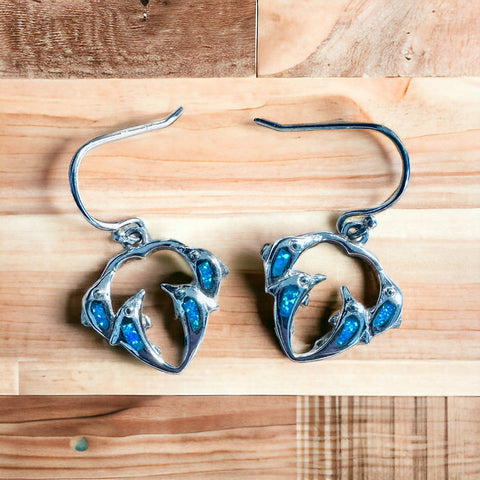Sterling Silver Fire Opal Dolphin Heart Dangle Earrings