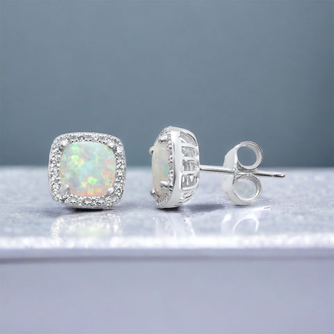 Sterling Silver Opal & CZ Stone Stud Earrings