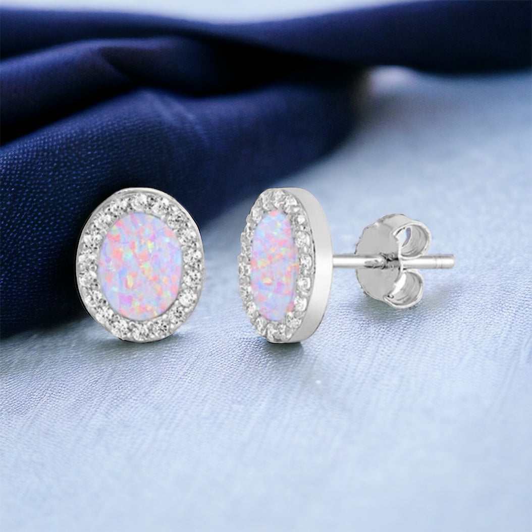 Sterling Silver Pink Opal & CZ Stud Earrings
