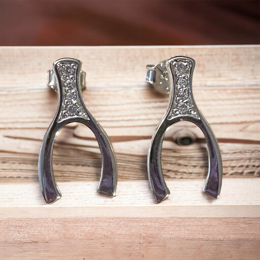 Sterling Silver Large CZ Wishbone Stud Earrings