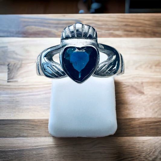 Sterling Silver Sapphire CZ Heart Claddagh Ring