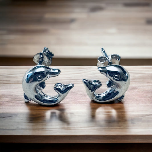 Sterling Silver Solid Dolphin Stud Earrings