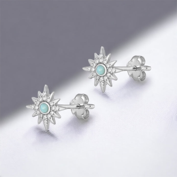 Sterling Silver Genuine Larimar Stone & CZ Star Earrings