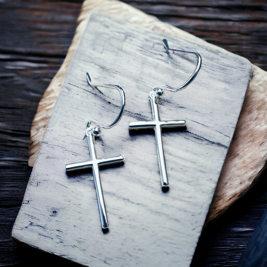 Sterling Silver Long Cross Hook Earrings
