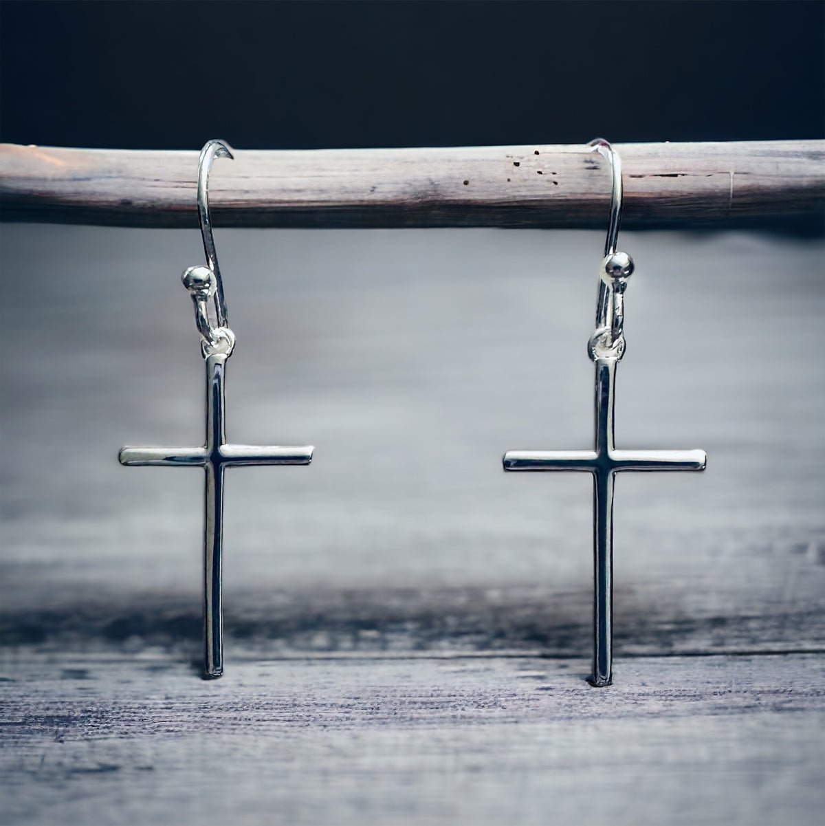 Sterling Silver Long Cross Hook Earrings
