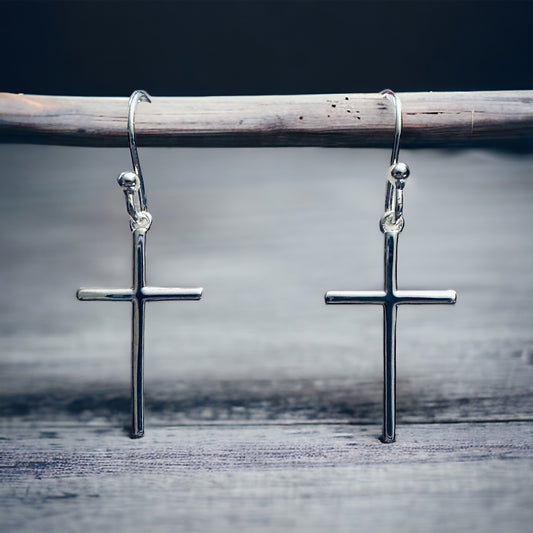 Sterling Silver Long Cross Hook Earrings