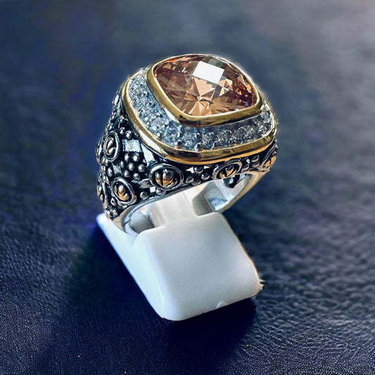 Sterling Silver Large Champagne Quarts Stone Two Tone Statement Ring