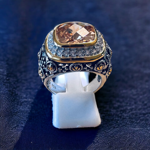 Sterling Silver Large Champagne Quarts Stone Two Tone Statement Ring