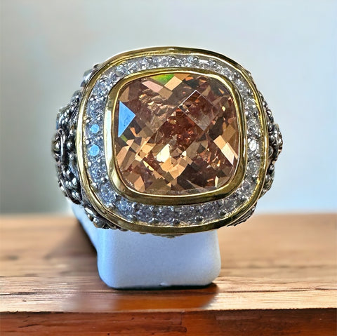 Sterling Silver Large Champagne Quarts Stone Two Tone Statement Ring