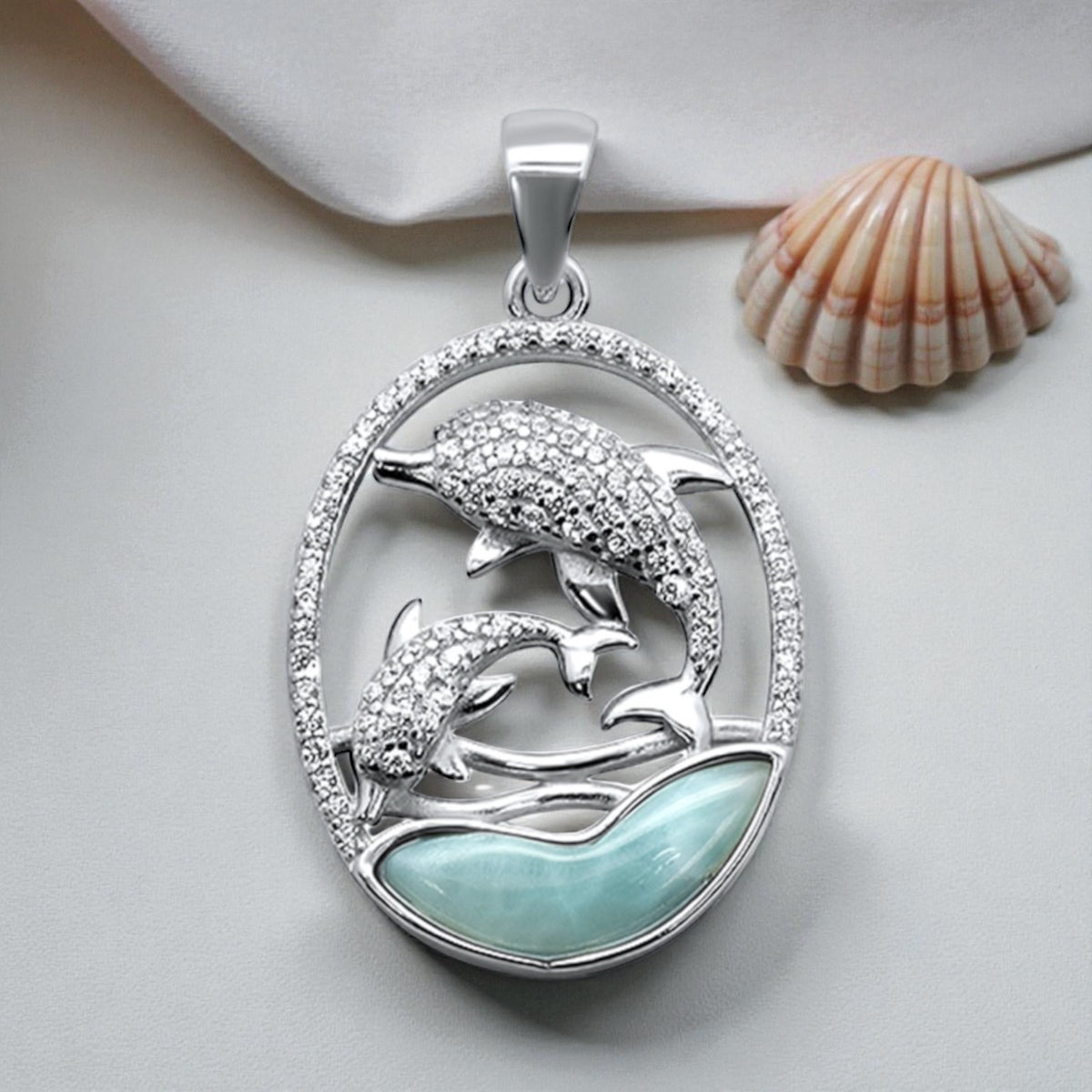 Sterling Silver Larimar & CZ Stone Mama & Baby Dolphin Pendant