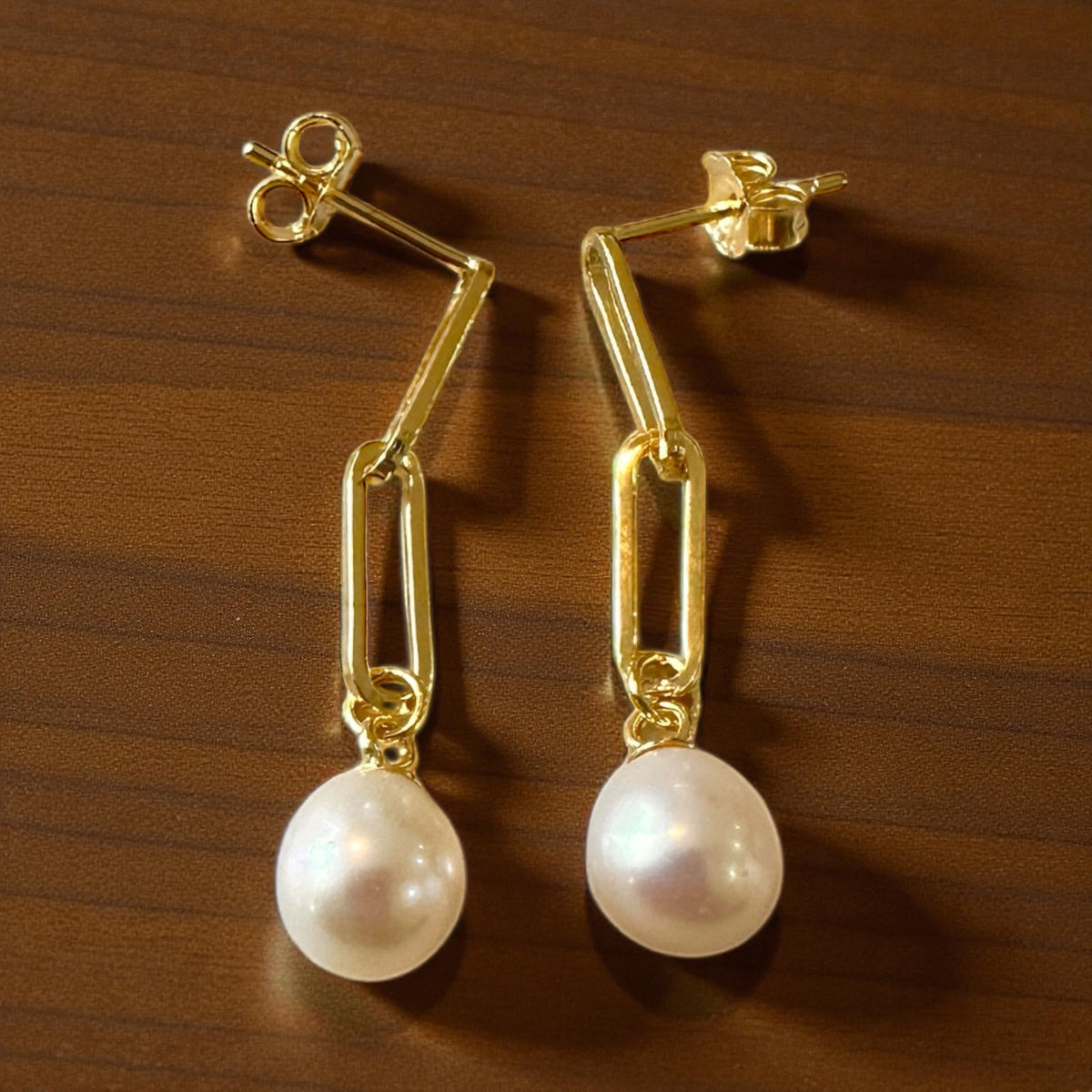 Sterling Silver Paper Clip Genuine Pearl Drop Earrings