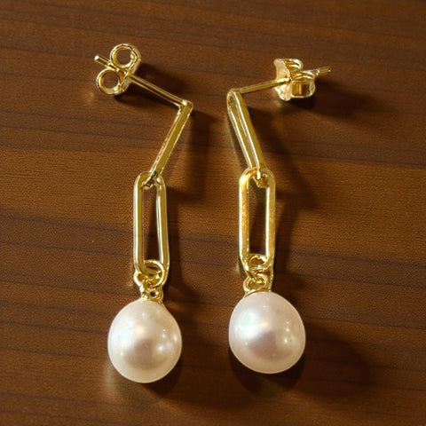 Sterling Silver Paper Clip Genuine Pearl Drop Earrings