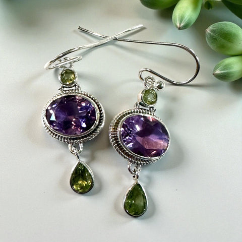 Sterling Silver Genuine Amethyst & Peridot Earrings