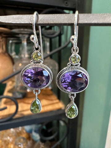 Sterling Silver Genuine Amethyst & Peridot Earrings