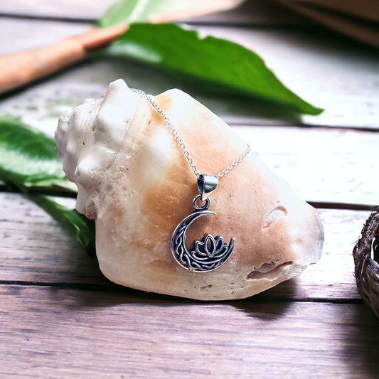 Sterling Silver Crescent Moon & Lotus Flower Pendant Necklace