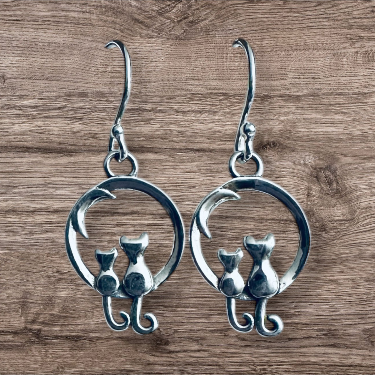 Sterling Silver Cat & Moon Earrings