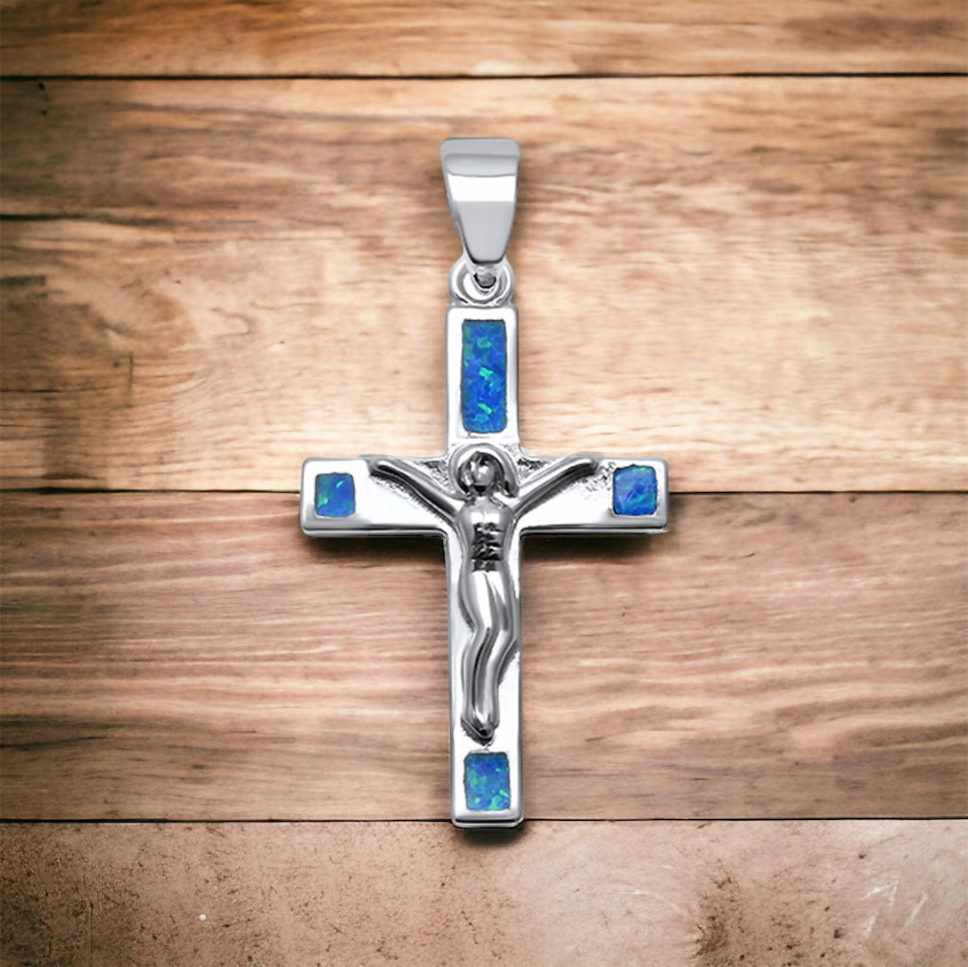 Sterling Silver Solid Fire Opal Crucifix Pendant