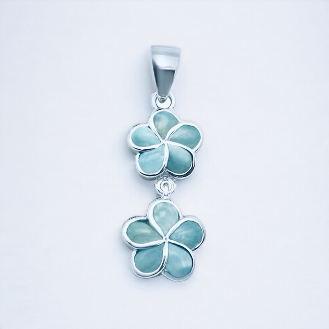 Sterling Silver Genuine Larimar Stone Plumeria Flower Pendant
