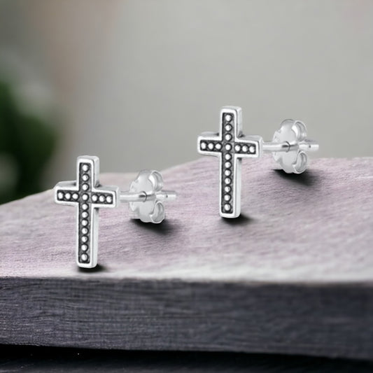 Sterling Silver Solid Back Cross Stud Earrings