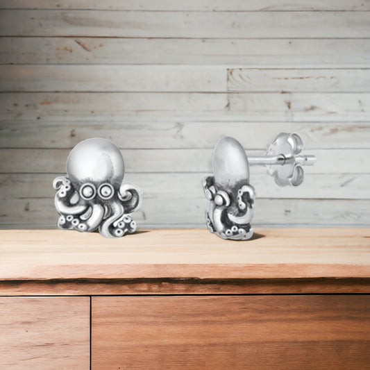 Sterling Silver Solid Octopus Stud Earrings