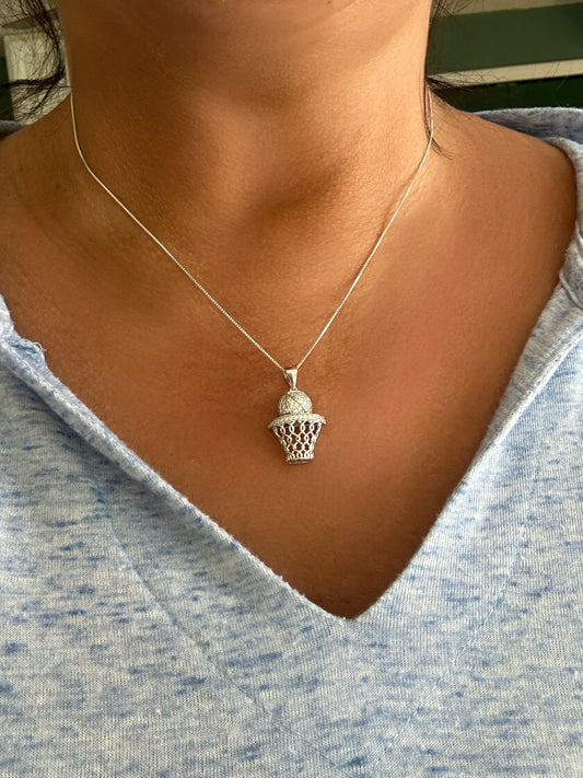 Sterling Silver CZ Stone Basketball & Hoop Necklace