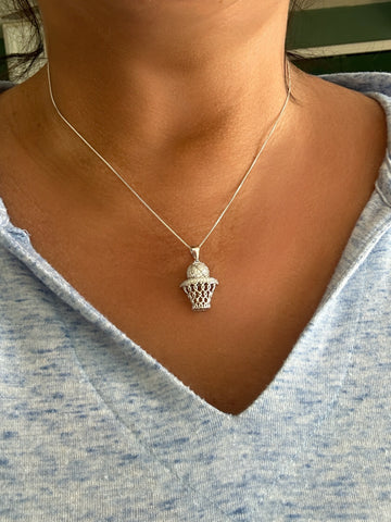 Sterling Silver CZ Stone Basketball & Hoop Necklace